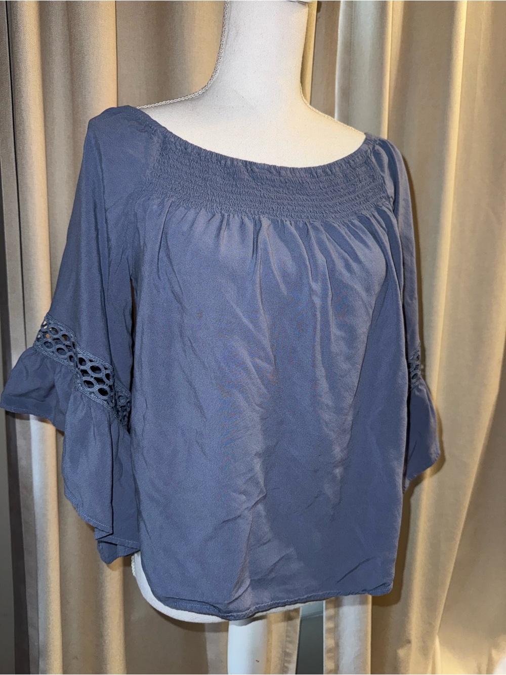 Smocked Yoke Slate Blue Peasant Blouse